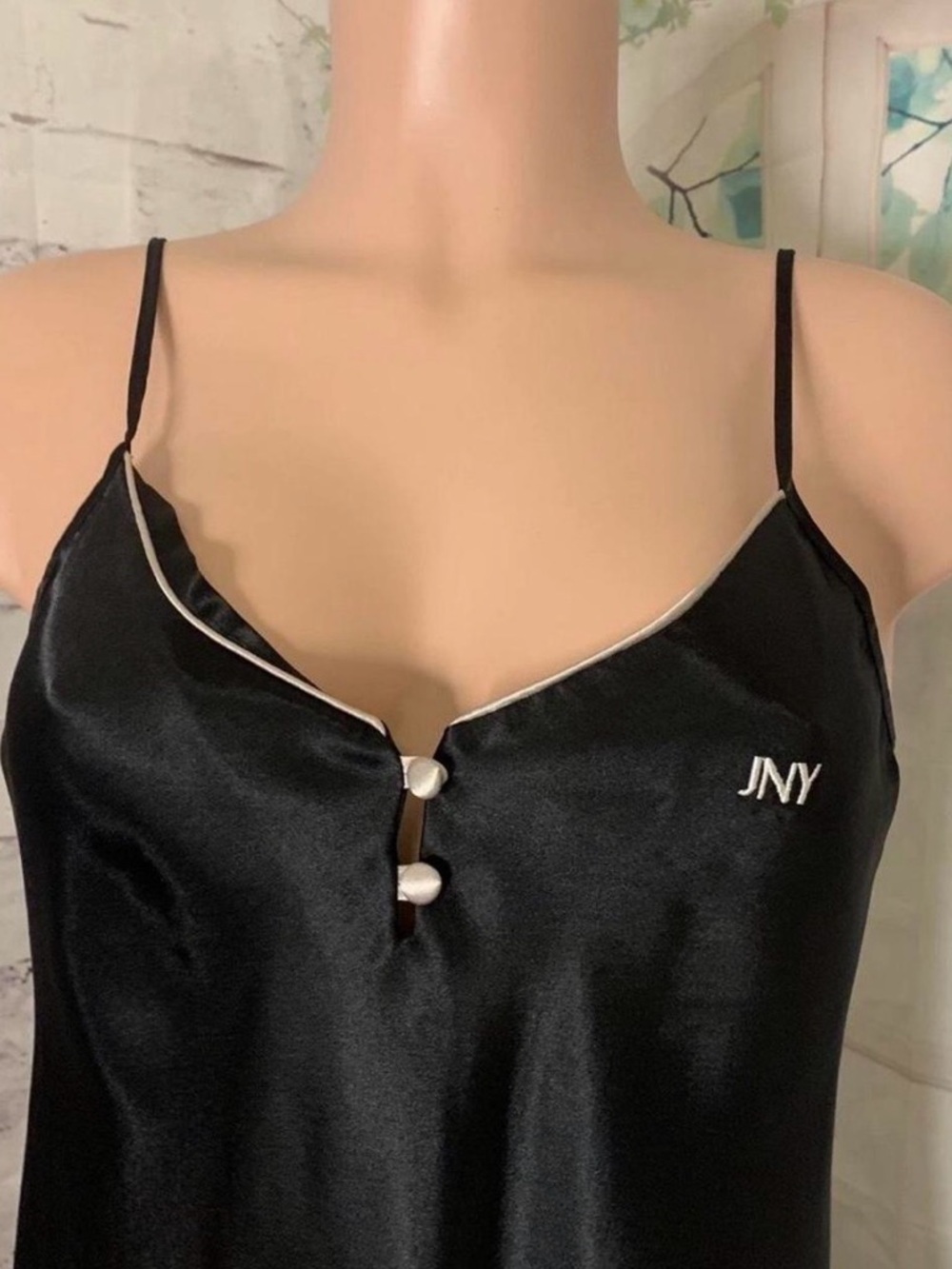 Jones NY Black Satin Slip Nightdress with Contrast Trim